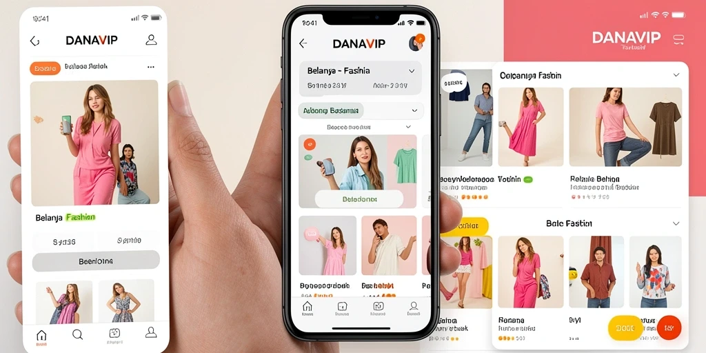 Antarmuka aplikasi DANAVIP dengan berbagai pilihan fashion yang menarik.