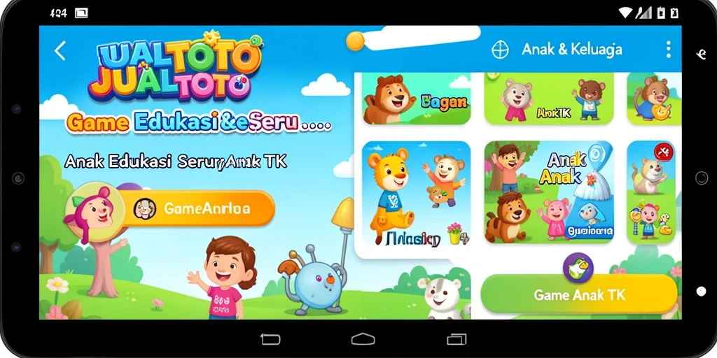 Antarmuka aplikasi JUALTOTO yang menarik dan edukatif untuk anak TK.